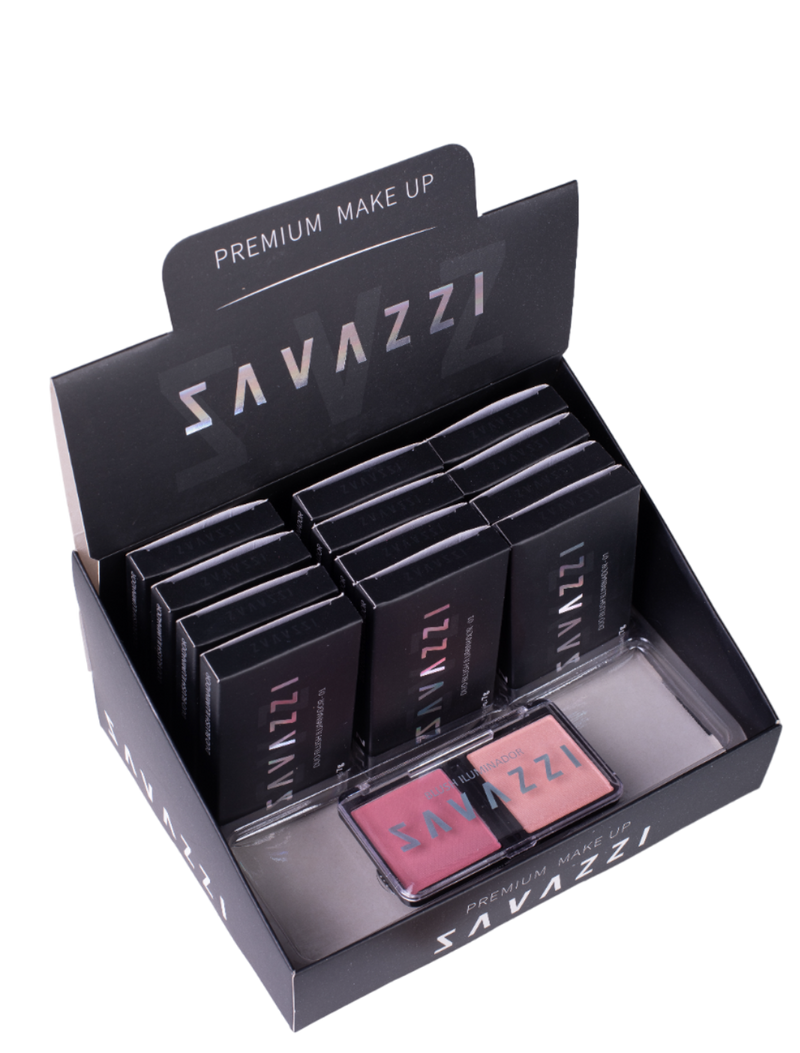 ✨ Display 12 unidaddes Duo Blush e Iluminador Savazzi: Realce sua Beleza Natural com Brilho e Cor! ✨