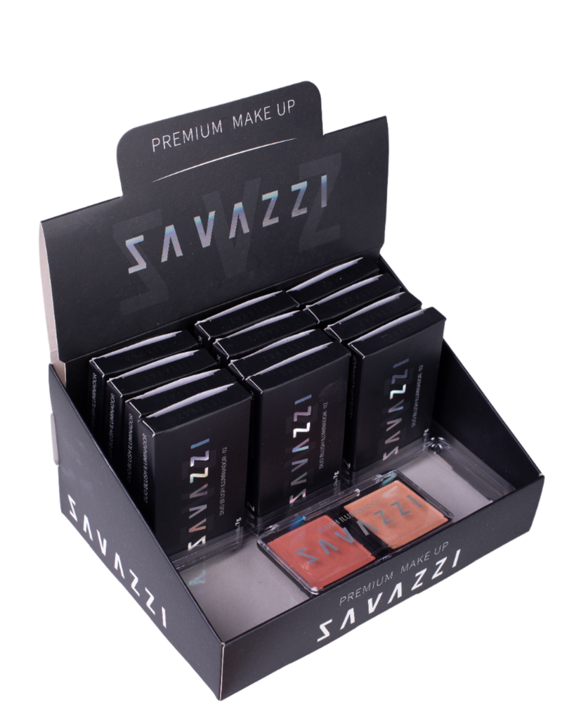 ✨ Display 12 unidaddes Duo Blush e Iluminador Savazzi: Realce sua Beleza Natural com Brilho e Cor! ✨