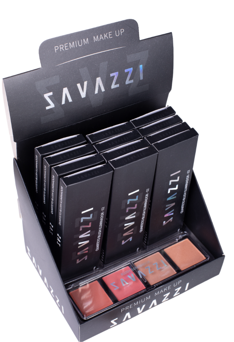 ✨ Display 12 unidade Quarteto Blush Imuminador Savazzi: Versatilidade e Perfeição para sua Maquiagem! ✨