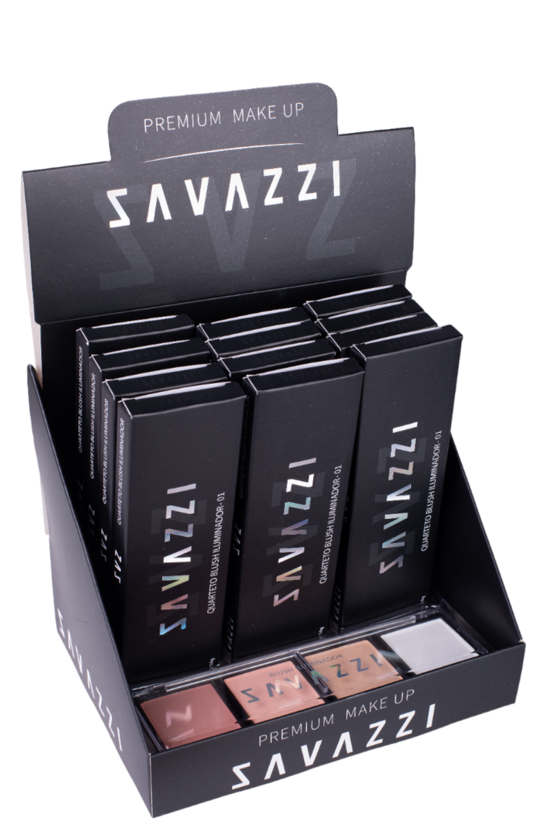 ✨ Display 12 unidade Quarteto Blush Imuminador Savazzi: Versatilidade e Perfeição para sua Maquiagem! ✨